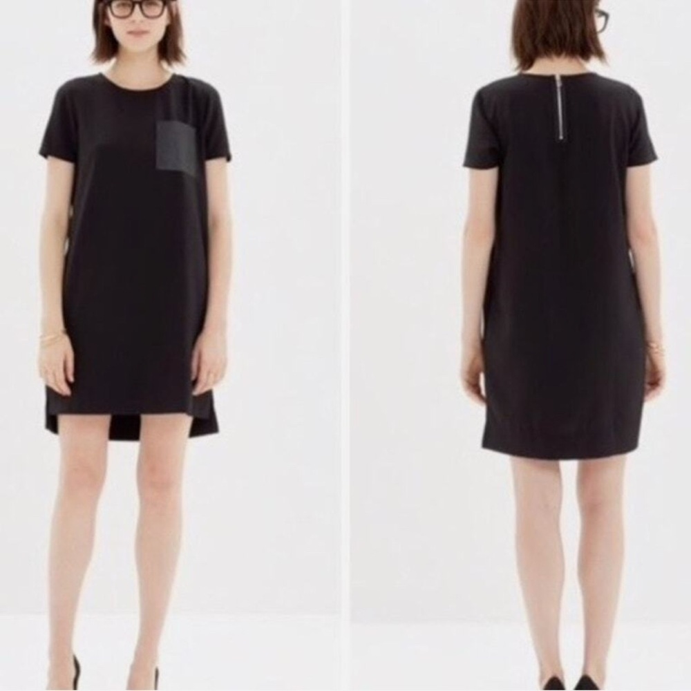 Madewell Elevated Basic Black T-shirt Dress with Leather Chest Pocket